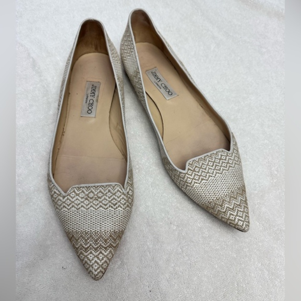 Women’s 11/11.5 Jimmy Choo Attila Woven Flat in Marble White EU42 COA
